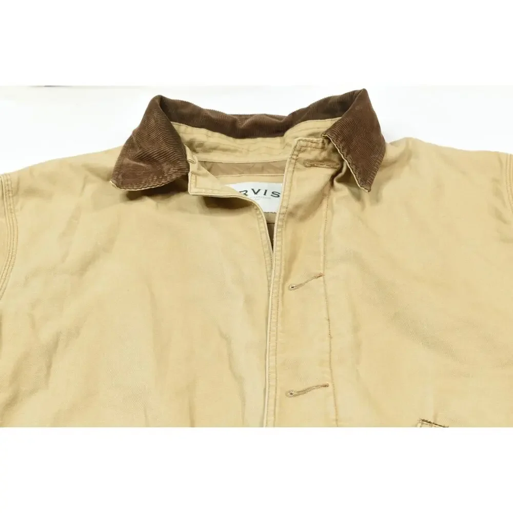 ORVIS Quilt Lined Barn Coat Mens Large Beige Long Sleeve Button-Up Classic Fit